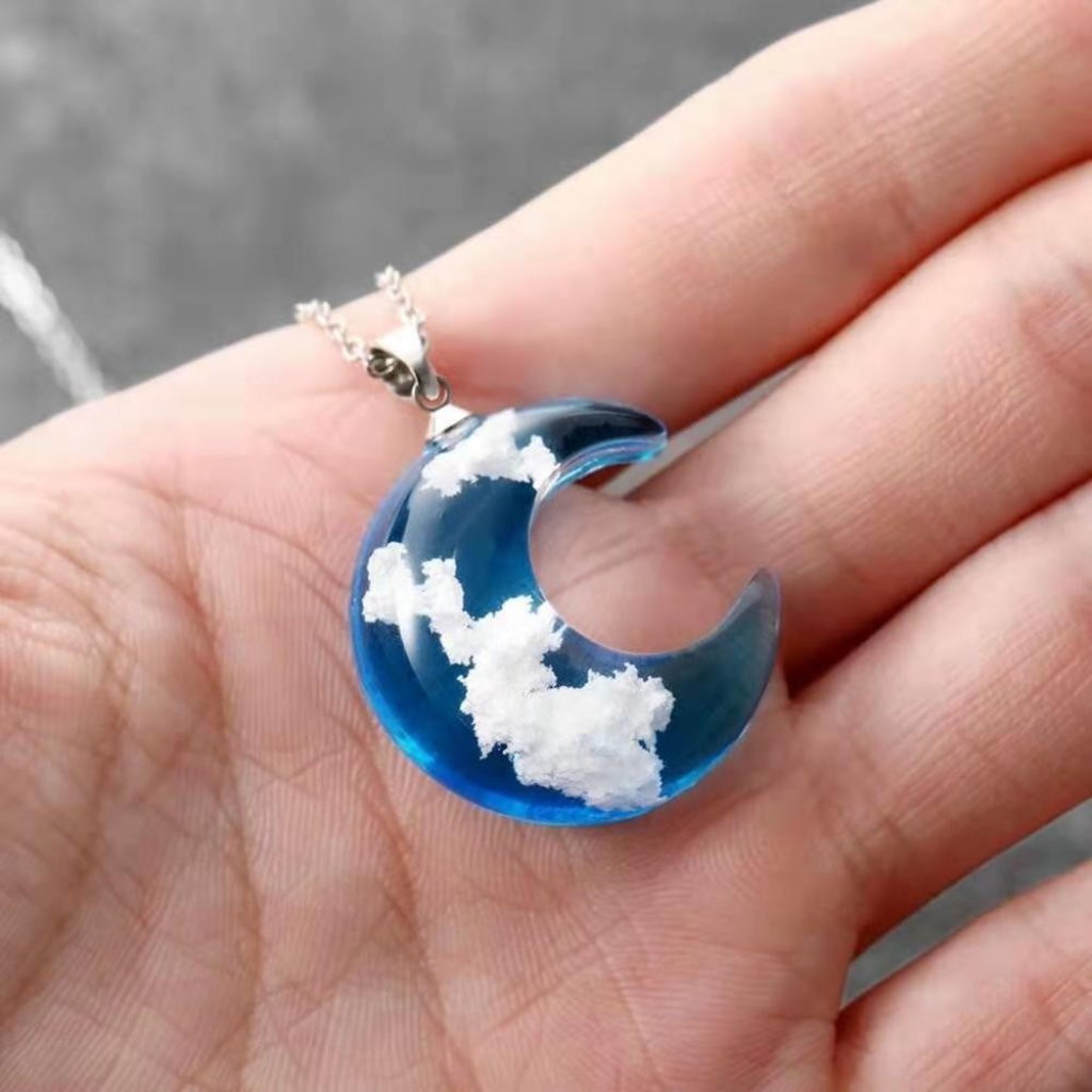 Blue Night Sky Crescent Moon Necklace Resin With White Clouds Aesthetic Jewelry 19$